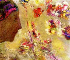 Profile of a Woman with Butterfly and Flowers by Odilon Redon - Oil Painting Reproduction