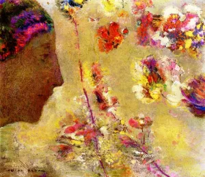 Profile of a Woman with Butterfly and Flowers by Odilon Redon Oil Painting