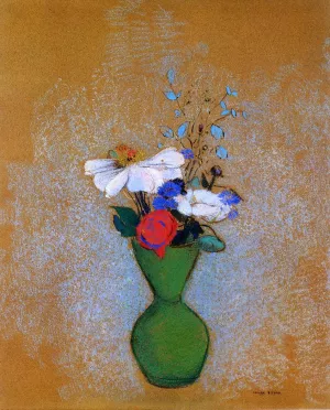 Rose, Peony and Cornflowers in a Green Vase by Odilon Redon Oil Painting