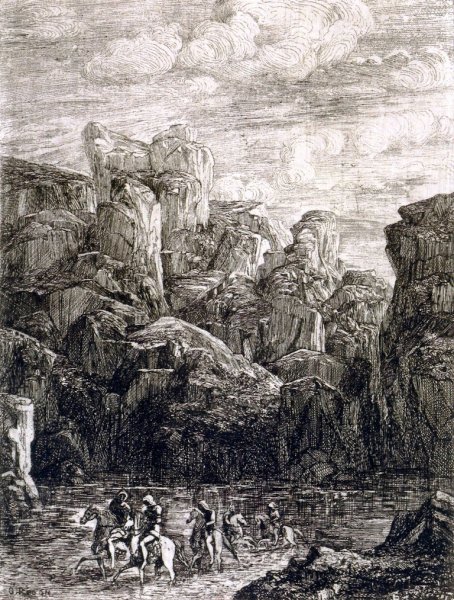Main Product Photo of The Ford: Landscape with Horsemen Painting by Odilon Redon