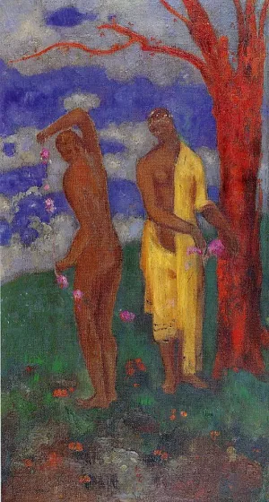 Two Women under a Red Tree Oil painting by Odilon Redon