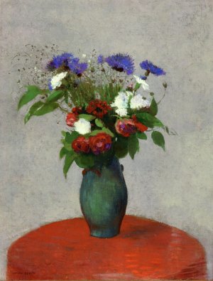 Vase of Flowers on a Red Tablecloth