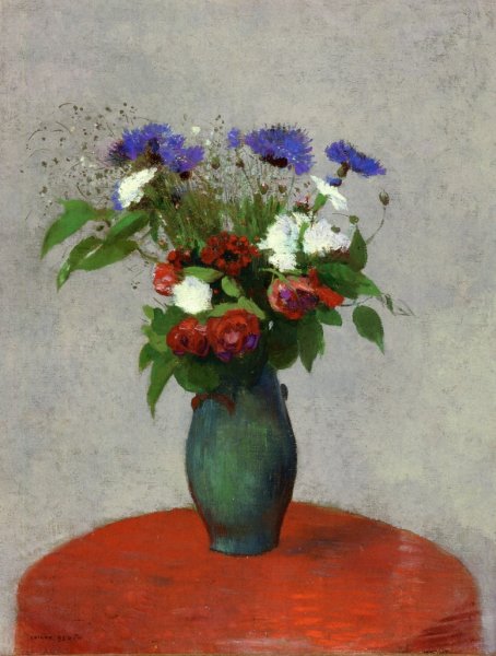 Main Product Photo of Vase of Flowers on a Red Tablecloth Painting by Odilon Redon