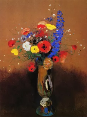 Wild Flowers in a Long-Necked Vase by Odilon Redon - Oil Painting Reproduction
