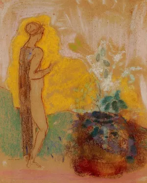 Woman and Stone Pot Full of Flowers painting by Odilon Redon