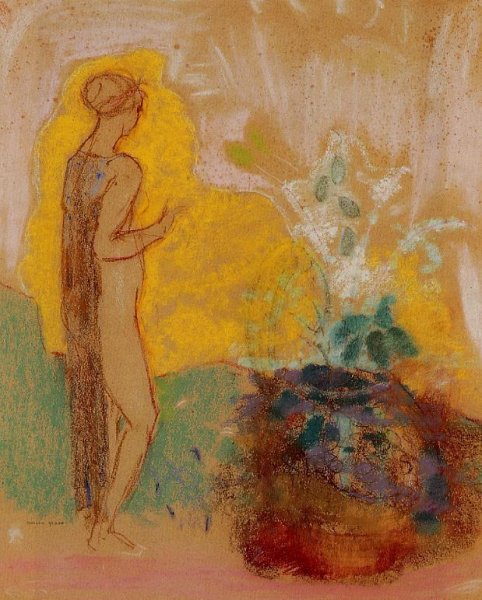Main Product Photo of Woman and Stone Pot Full of Flowers Painting by Odilon Redon