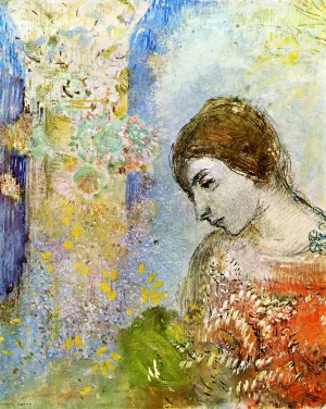 Woman with Pillar of Flowers by Odilon Redon - Oil Painting Reproduction