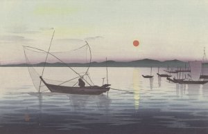 Boats and Setting Sun by Ohara Koson Oil Painting