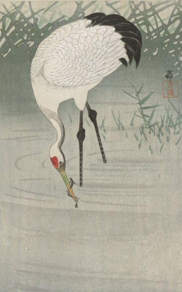 Fishing crane in shallow water  by Ohara Koson - Hand-Painted Oil Painting Reproduction