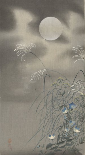 Grasses and flowers at full moon by Ohara Koson Oil Painting