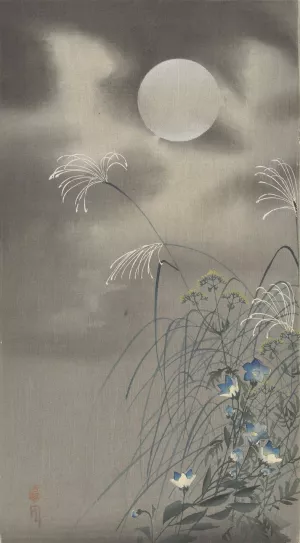 Grasses and flowers at full moon by Ohara Koson Oil Painting