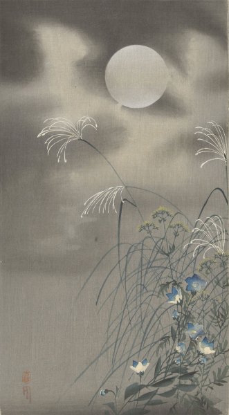 Grasses and flowers at full moon  by Ohara Koson - Hand-Painted Oil Painting Reproduction