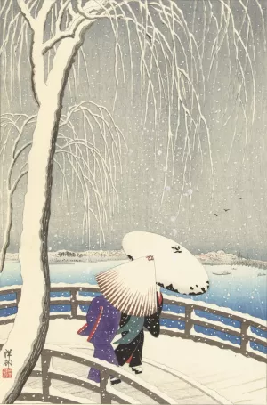 In the snow on Yanagibashi by Ohara Koson Oil Painting
