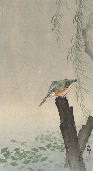 Kingfisher on tree stump by Ohara Koson Oil Painting