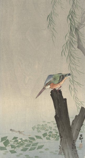 Kingfisher on tree stump  by Ohara Koson - Hand-Painted Oil Painting Reproduction