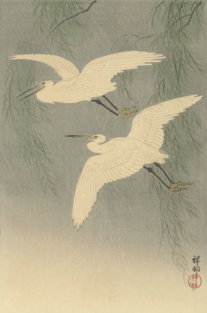 Little Egrets in flight by Ohara Koson Oil Painting
