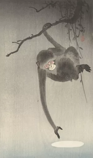 Monkey and reflection of the moon by Ohara Koson Oil Painting