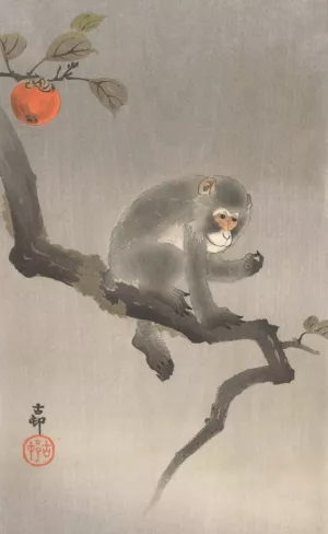 Monkey in kaki tree by Ohara Koson Oil Painting
