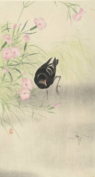 Moorhen at flowering plant  by Ohara Koson - Hand-Painted Oil Painting Reproduction