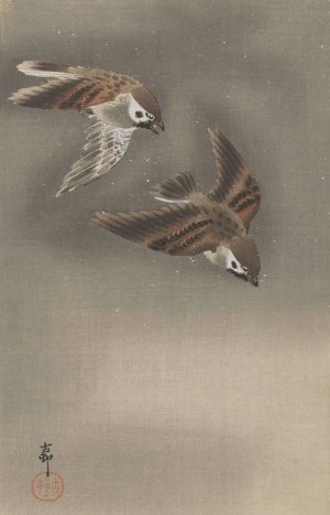 Ring sparrows in snow by Ohara Koson Oil Painting