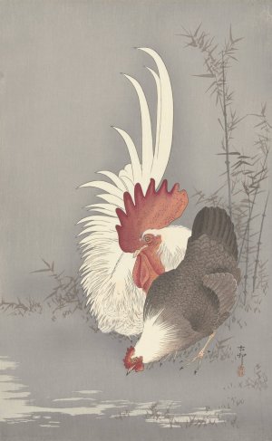 Rooster and chicken by Ohara Koson Oil Painting