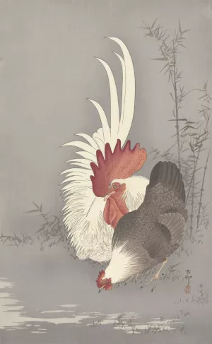 Rooster and chicken by Ohara Koson Oil Painting
