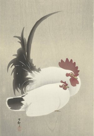 Rooster and hen by Ohara Koson Oil Painting