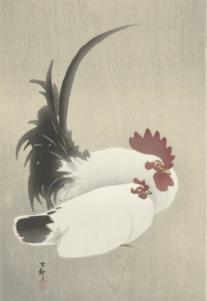 Rooster and hen  by Ohara Koson - Hand-Painted Oil Painting Reproduction
