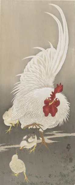 Rooster and three chicks by Ohara Koson Oil Painting