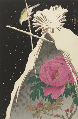 Siberian Bluechat next to a Peony sheltered by a Snowcovered Hay Sheaf by Ohara Koson Oil Painting