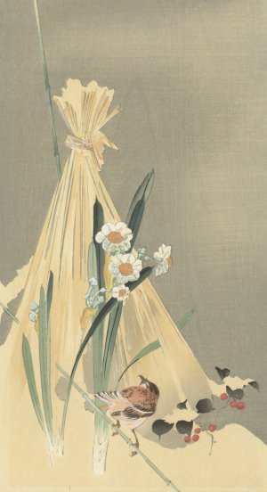 Songbird at hay bundle by Ohara Koson Oil Painting