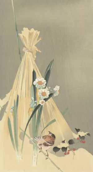 Songbird at hay bundle Oil painting by Ohara Koson