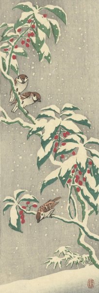 Sparrows on snowy currant bush by Ohara Koson Oil Painting