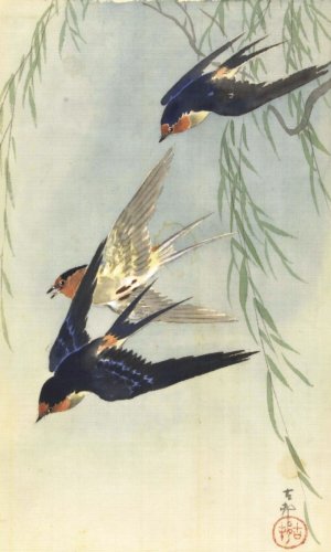 Three birds in full flight by Ohara Koson Oil Painting