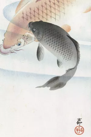 Two Carps by Ohara Koson Oil Painting