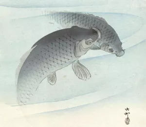 Two Carps by Ohara Koson Oil Painting