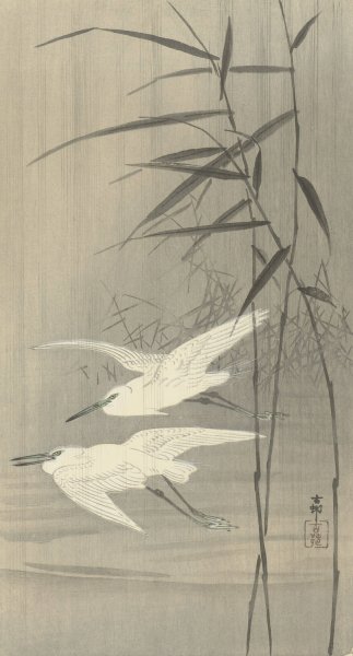 Two Egrets in Flight  by Ohara Koson - Hand-Painted Oil Painting Reproduction