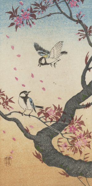 Two great tits at blossoming tree by Ohara Koson Oil Painting