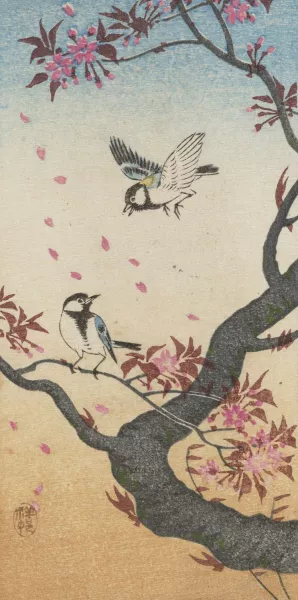 Two great tits at blossoming tree by Ohara Koson Oil Painting
