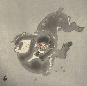 Two monkeys playing by Ohara Koson Oil Painting
