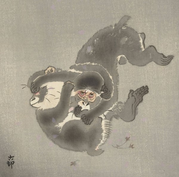 Two monkeys playing  by Ohara Koson - Hand-Painted Oil Painting Reproduction