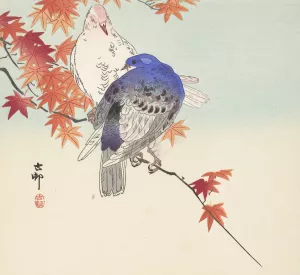 Two pigeons on autumnal branch by Ohara Koson Oil Painting
