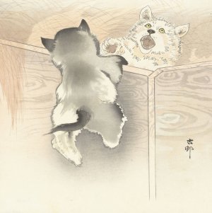 Two playing dogs by Ohara Koson Oil Painting