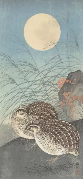 Two quail at full moon by Ohara Koson Oil Painting