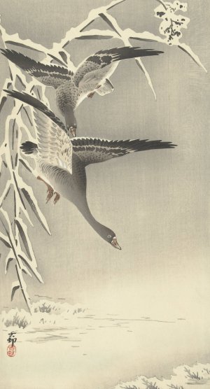 Two white-fronted geese in snowy landscape by Ohara Koson Oil Painting