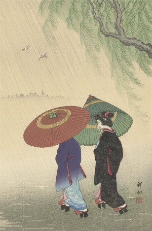 Two women in the rain by Ohara Koson Oil Painting