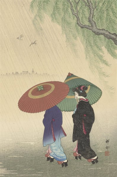 Two women in the rain by Ohara Koson - Hand-Painted Oil Painting Reproduction