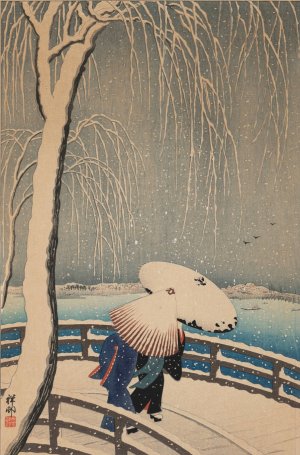 Umbrellas in Snow by Ohara Koson Oil Painting