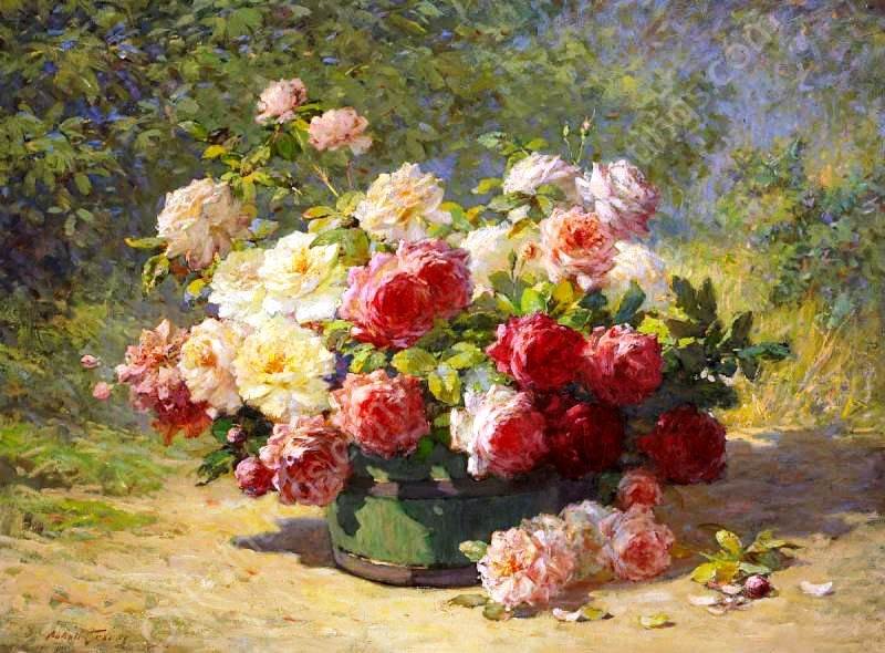 A Mixed Bouquet of Roses in a Green Barrel by Abbott Fuller Graves - Hand-Painted Oil Painting Reproduction