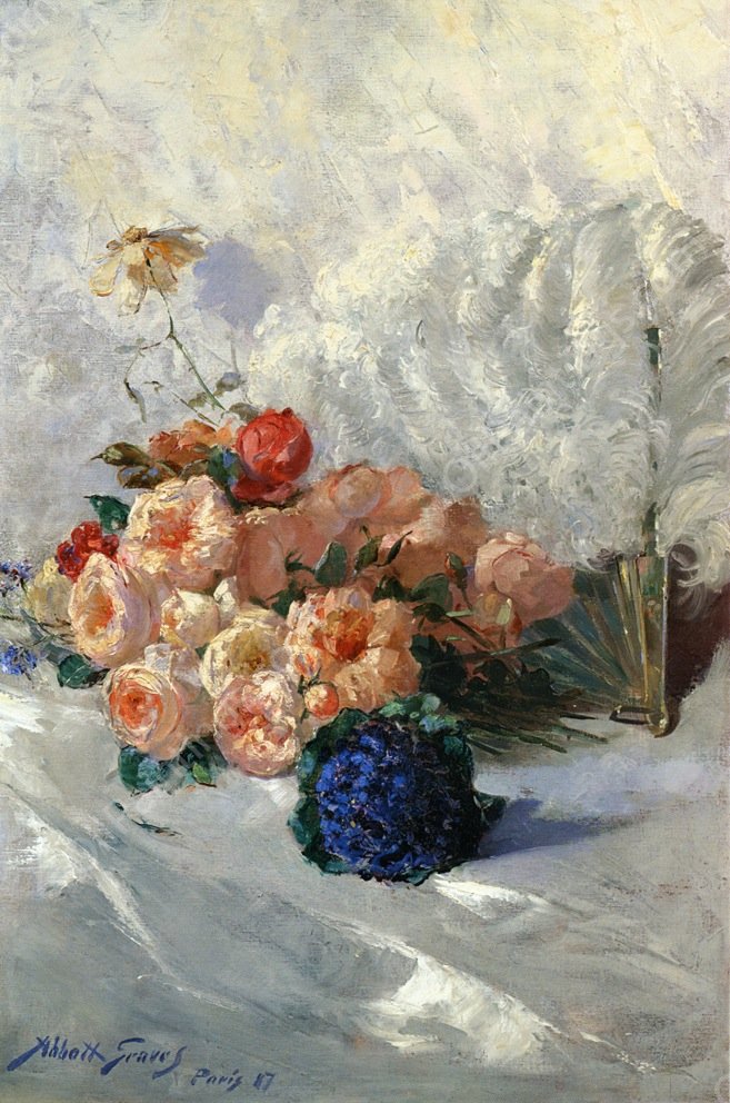 Still Life with Flowers and Fan by Abbott Fuller Graves - Hand-Painted Oil Painting Reproduction